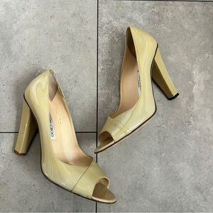Jimmy Choo yellow tan patent leather open toe pumps heels 40 EU or 10 USA